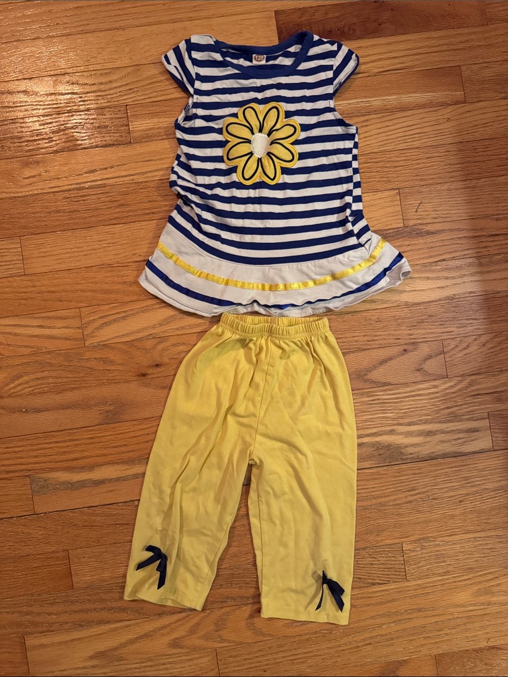 Striped Blue & White Top with Yellow Flower + Yellow Leggings Set